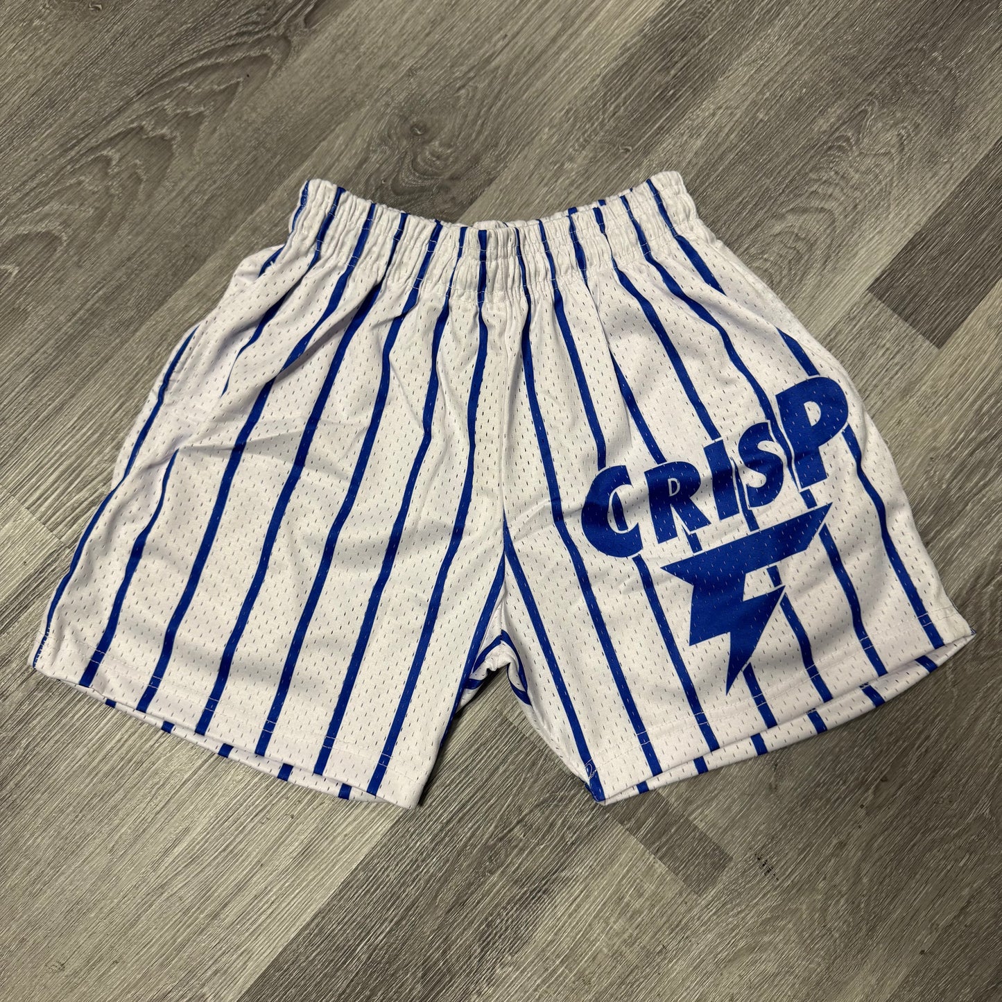 Crispy NYC Striped Logo Mesh Shorts (White/Blue)