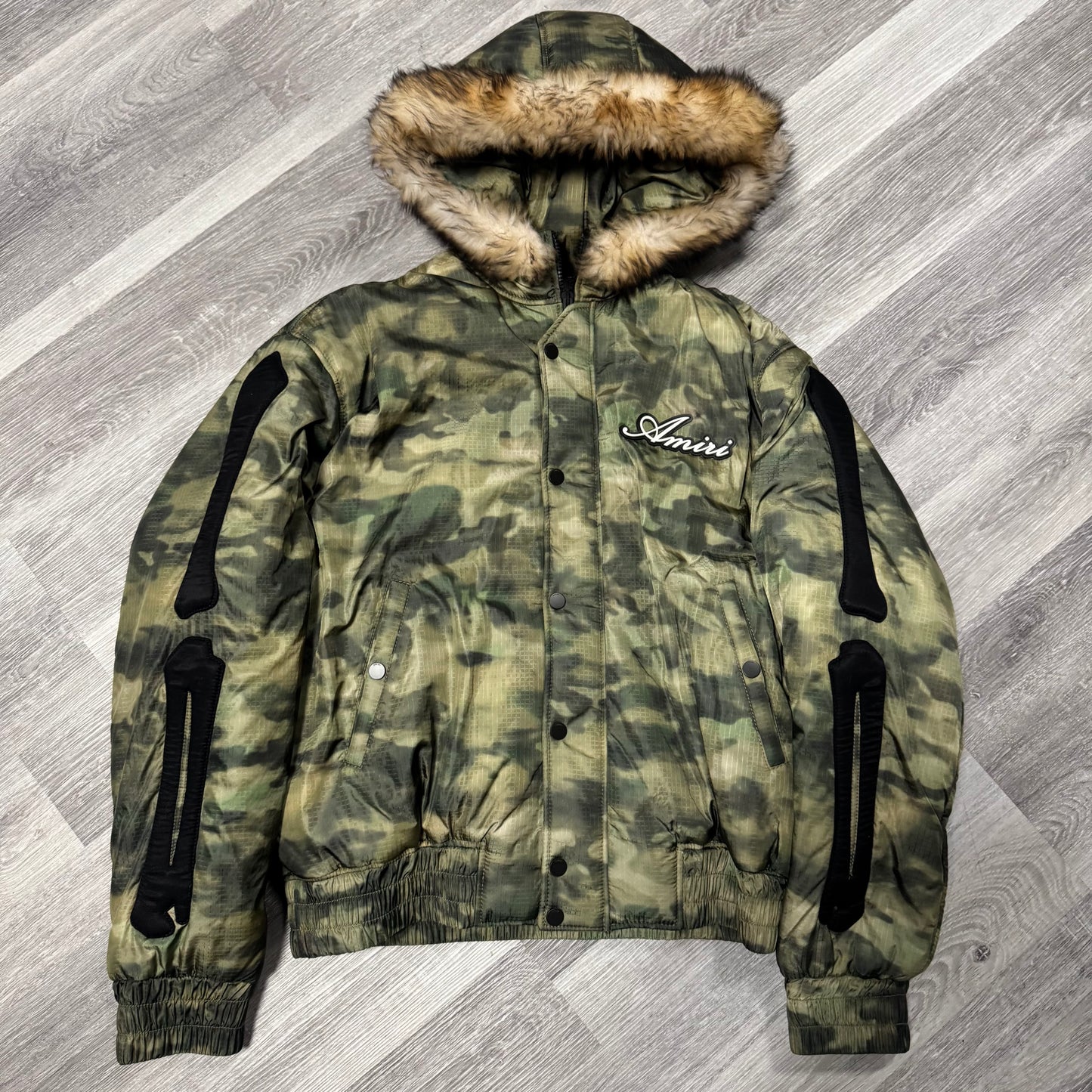 Amiri Camo Faux Fur Hooded Bones Zip Up Jacket