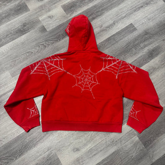 Sp5der Rhinestone Web Zip Up Hoodie (Red)