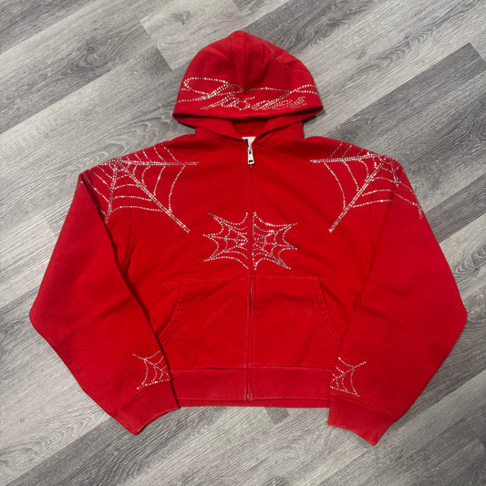 Sp5der Rhinestone Web Zip Up Hoodie (Red)