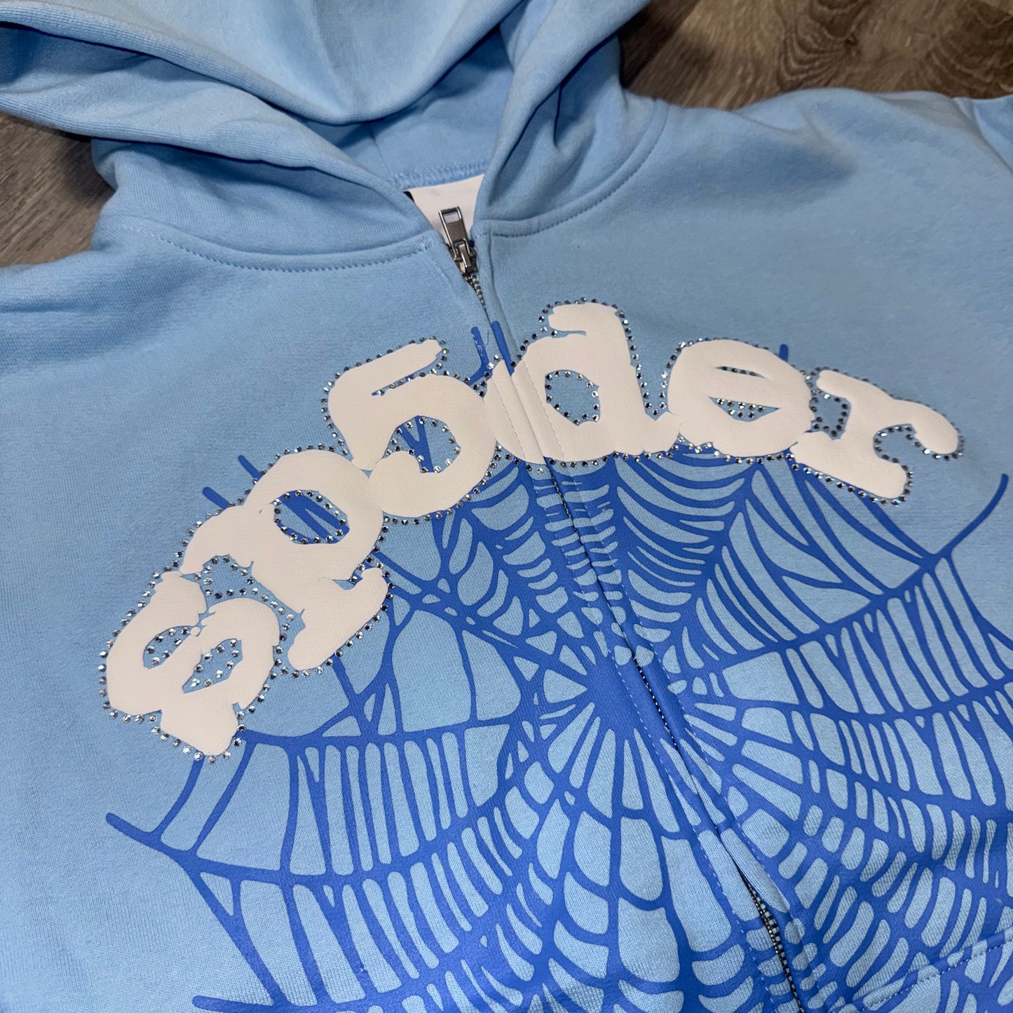 Sp5der OG Web Rhinestone Zip Up Hoodie (Sky Blue)