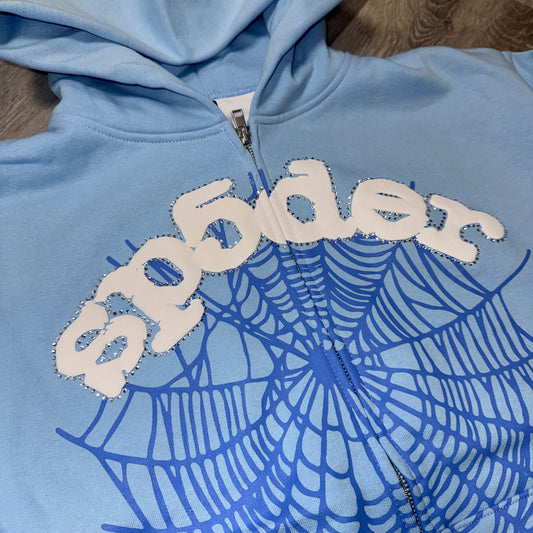 Sp5der OG Web Rhinestone Zip Up Hoodie (Sky Blue)