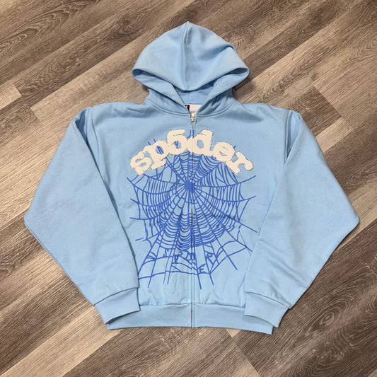 Sp5der OG Web Rhinestone Zip Up Hoodie (Sky Blue)