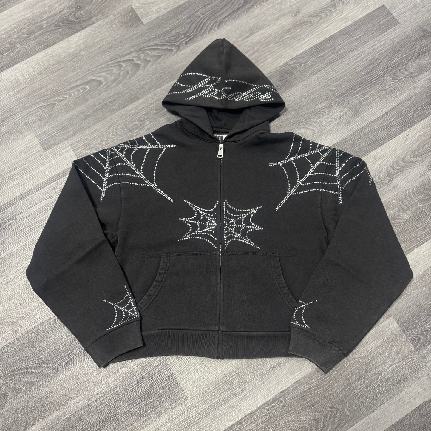 Sp5der Rhinestone Web Zip Up Hoodie (Black)