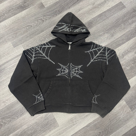 Sp5der Rhinestone Web Zip Up Hoodie (Black)