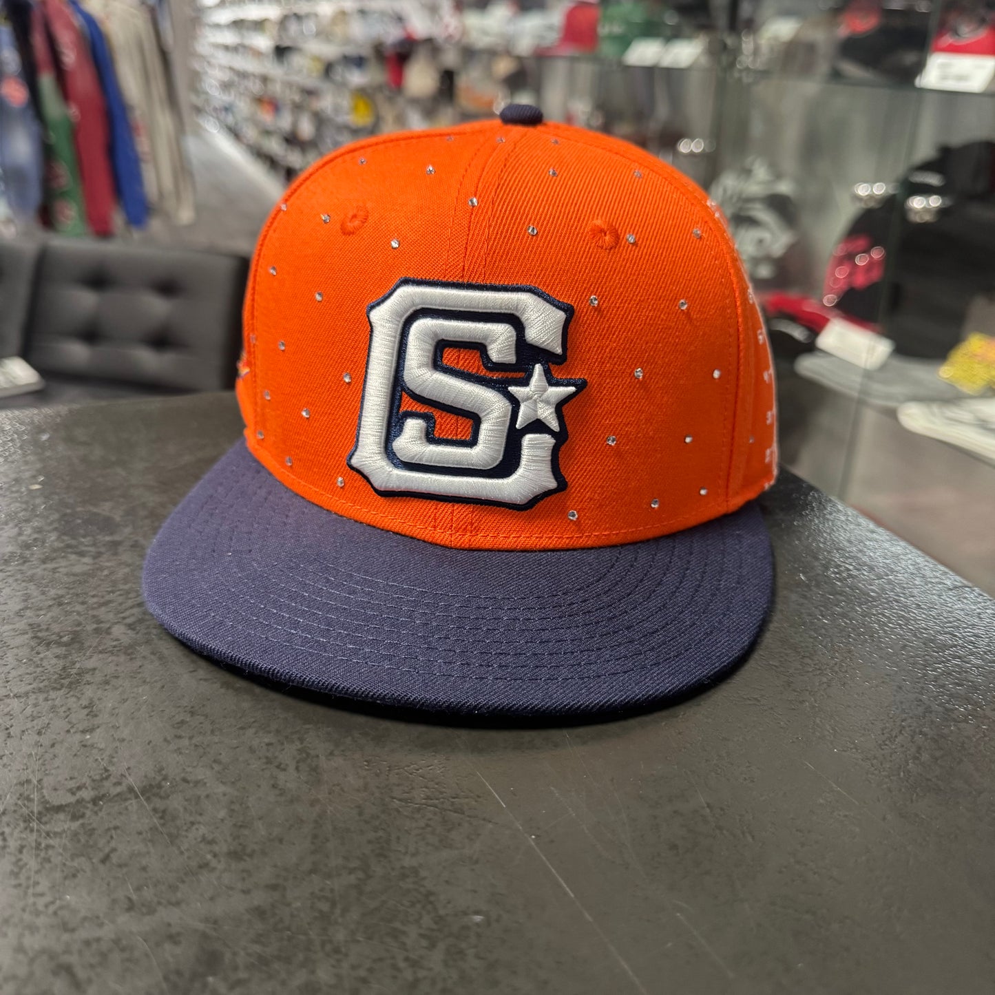 Thats A Awful Lot Of Cough Syrup Rhinestone Pint Hat (Orange/Navy)