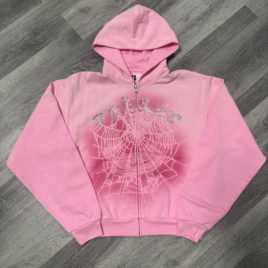 Sp5der OG Web V2 Spray Zip Up Hoodie (Light Pink)