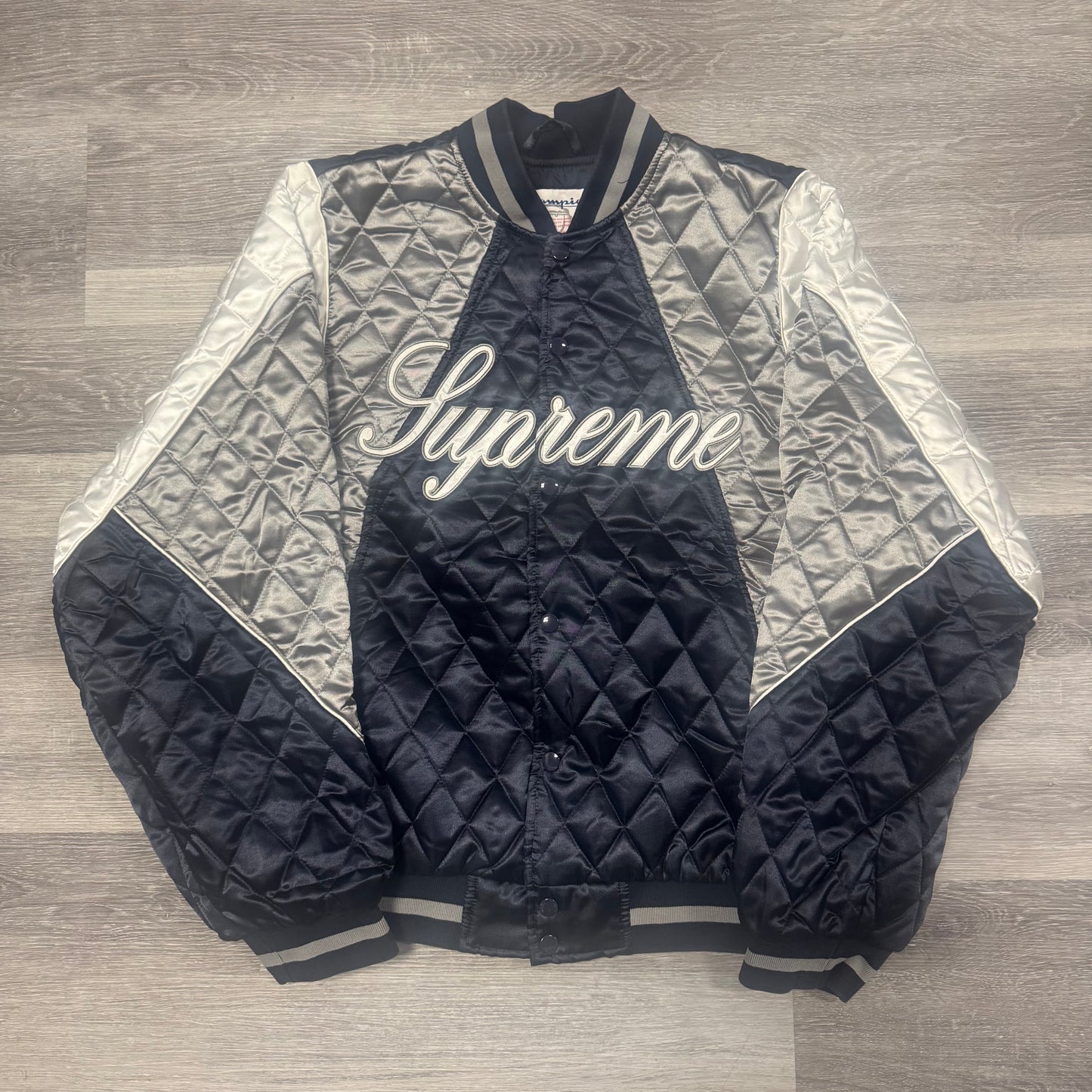Supreme Champion Quilted Satin Varsity Jacket (Blue/Silver/White)