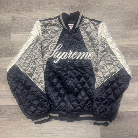 Supreme Champion Quilted Satin Varsity Jacket (Blue/Silver/White)