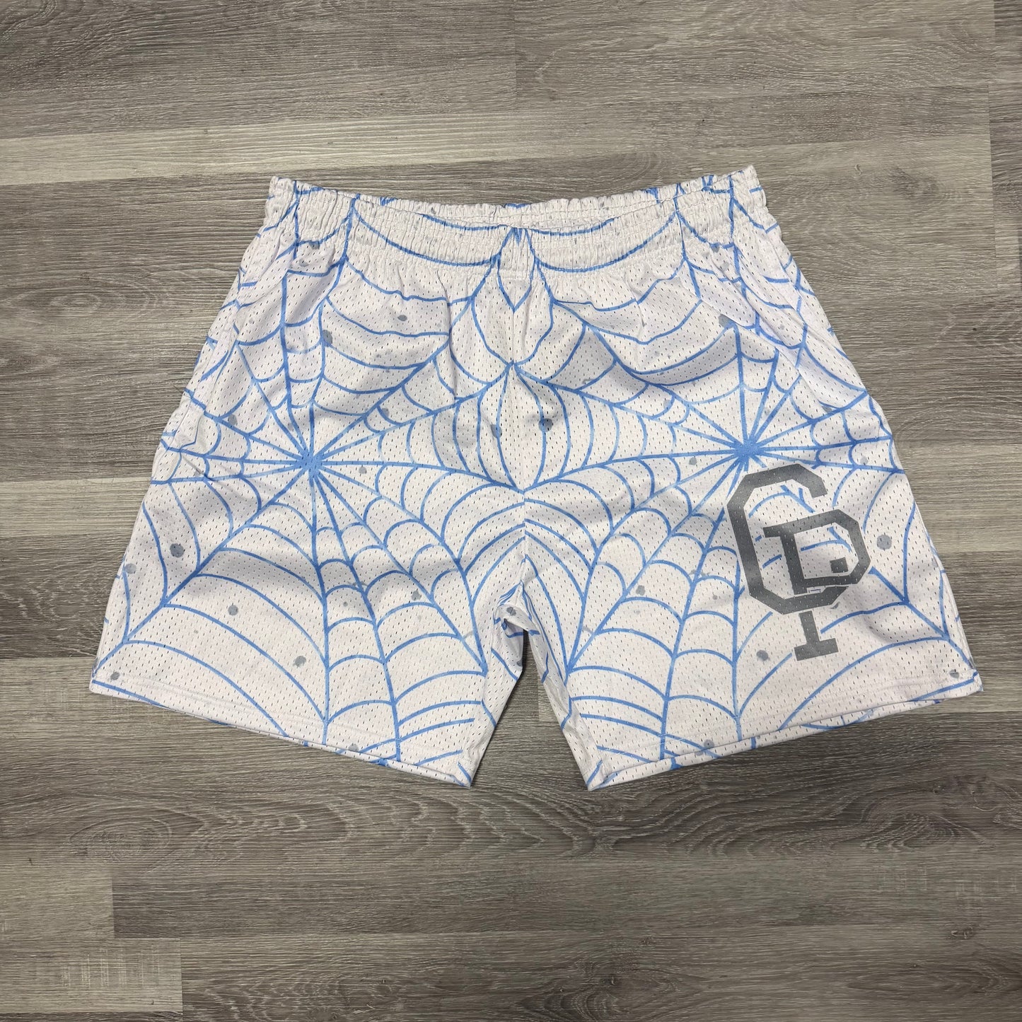 Crispy NYC Spiderweb Logo Mesh Shorts (White/Light Blue)