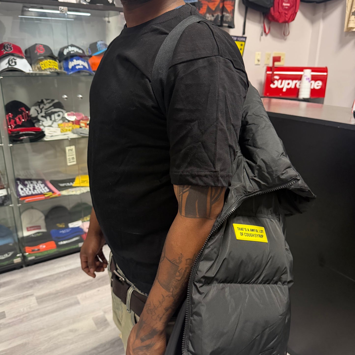 That’s A Awful Lot Of Cough syrup Puffer Jacket W/Straps (Black)