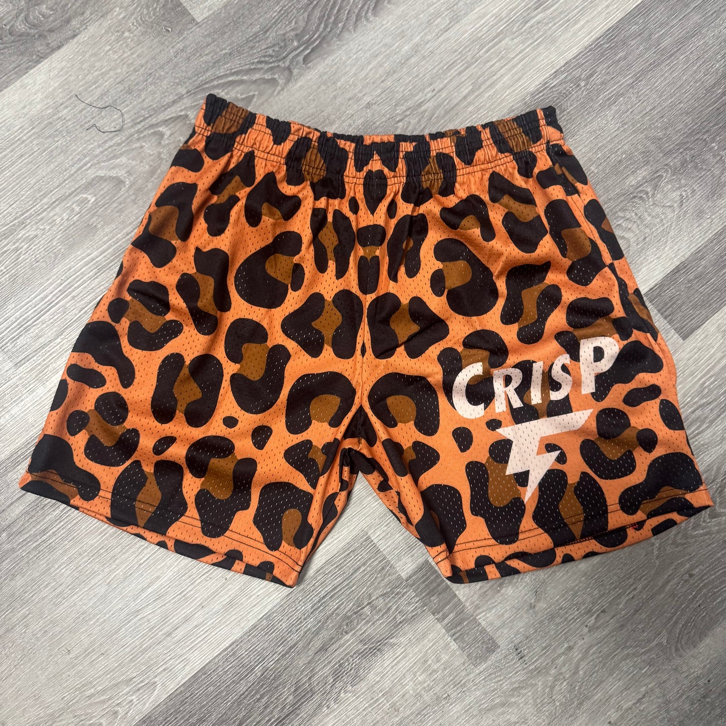 Crispy NYC Cheetah Print Logo Mesh Shorts