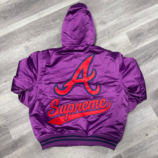 Supreme X Mitchell & Ness Teams Hooded Satin Varsity Jacket (Purple)