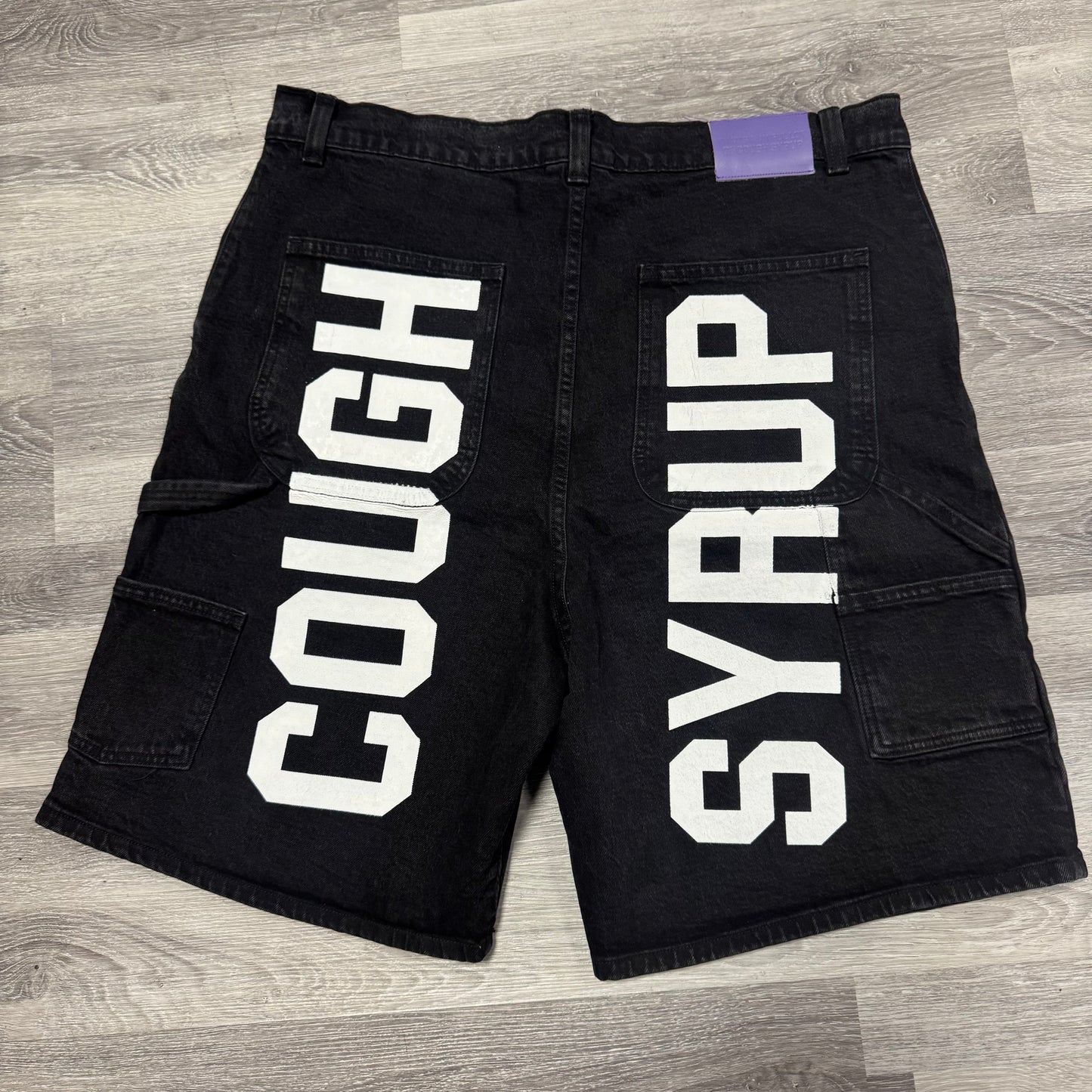 Thats A Awful Lot Of Cough Syrup Carpenter Denim Shorts (Black)