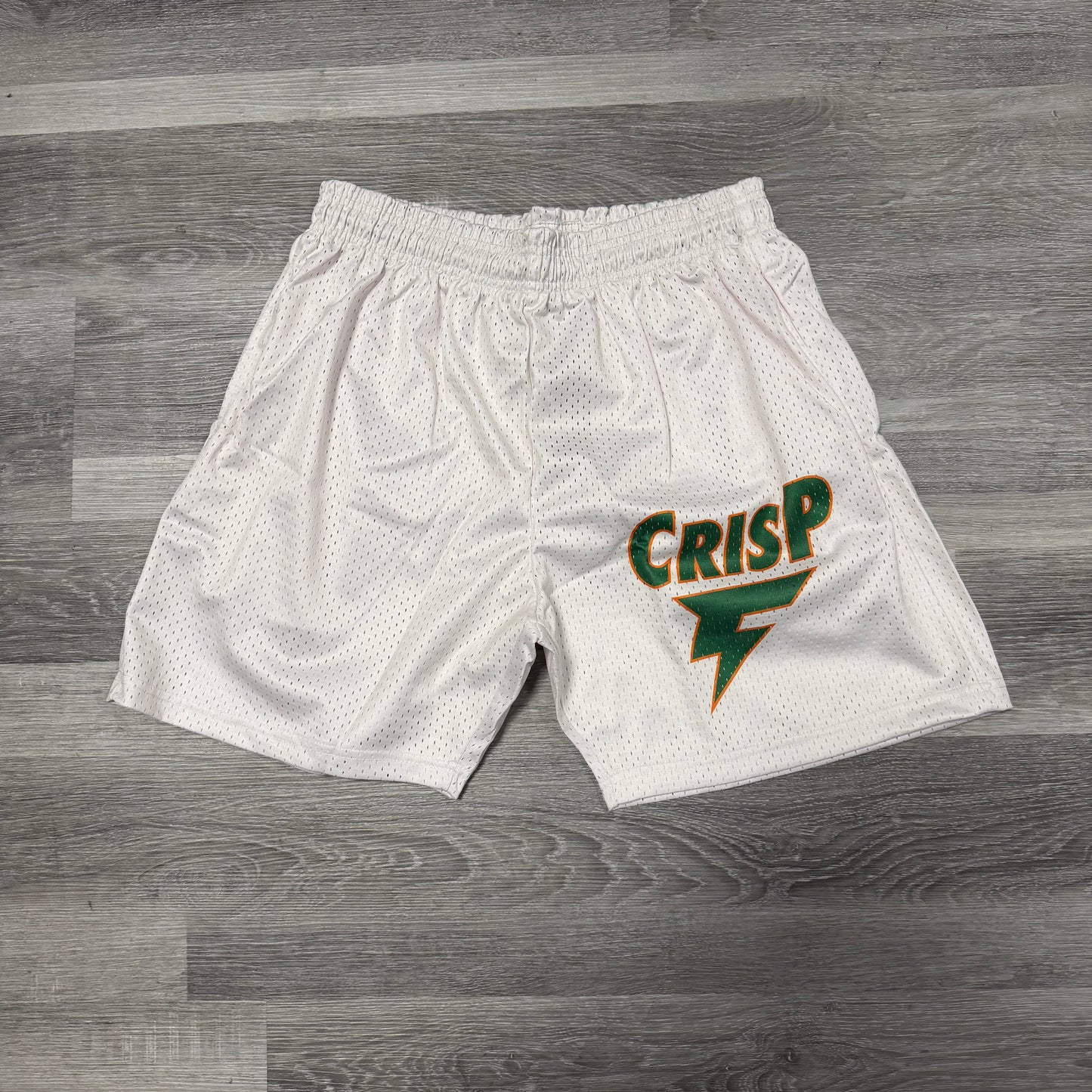 Crispy NYC White/Green Logo Mesh Shorts