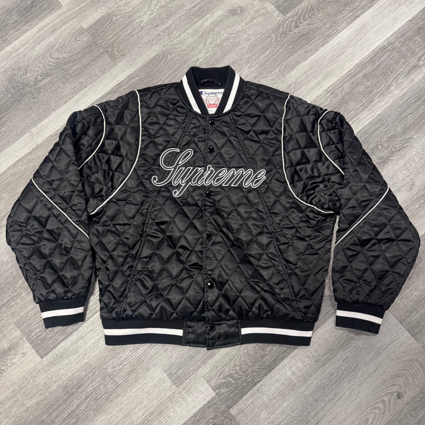 Supreme Champion Quilted Satin Varsity Jacket (Black)