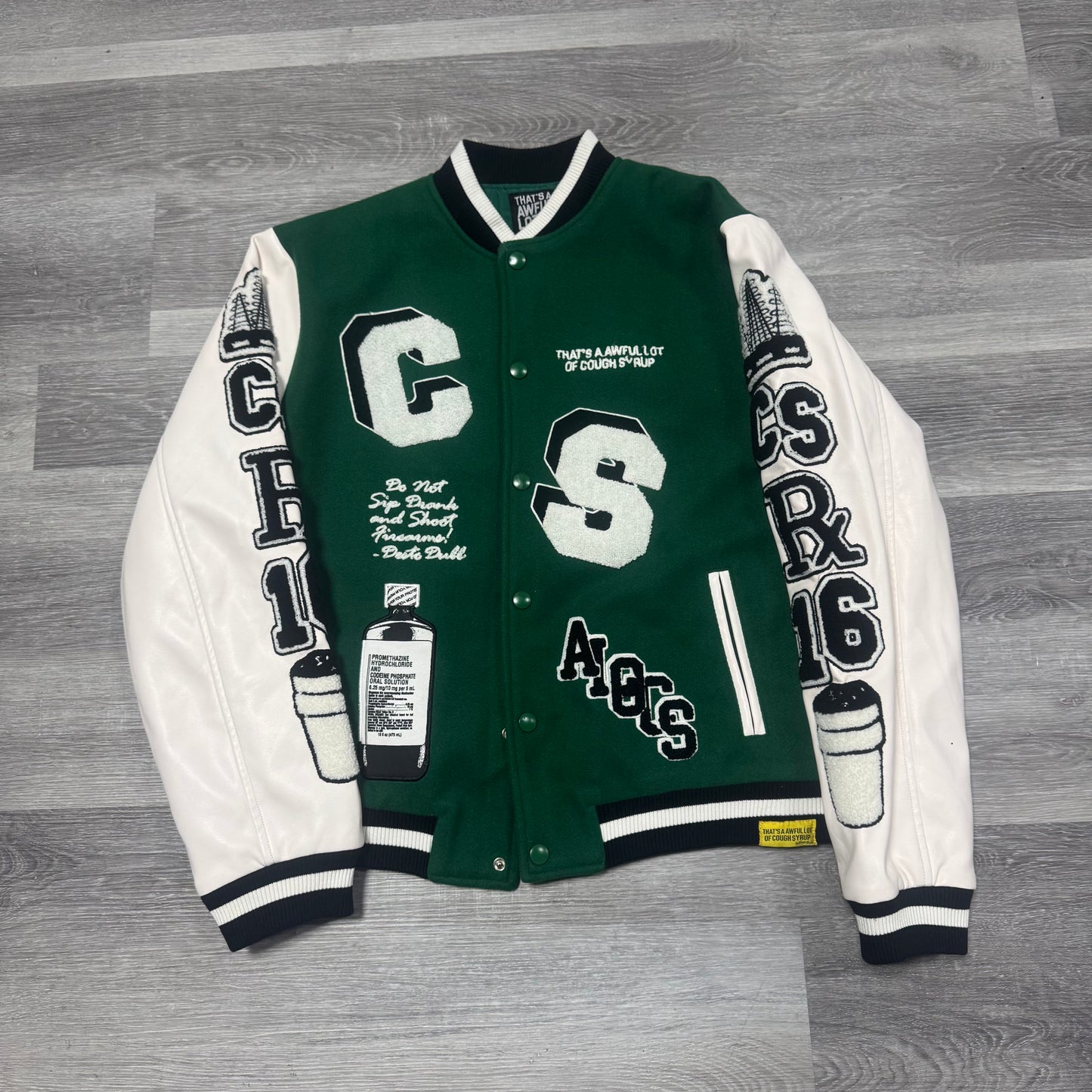 Thats A Awful Lot Of Cough Syrup Varsity Jacket (Green)