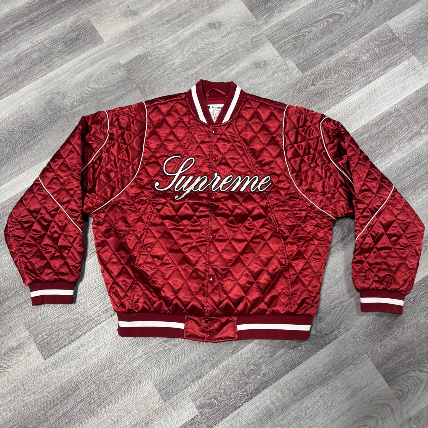Supreme Champion Quilted Satin Varsity Jacket (Dark Red)