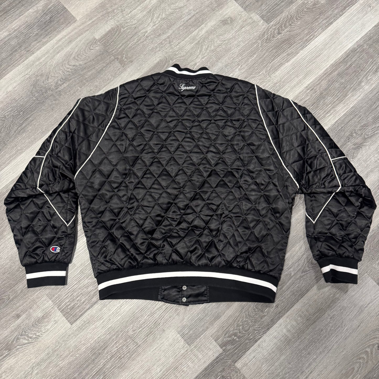 Supreme Champion Quilted Satin Varsity Jacket (Black)