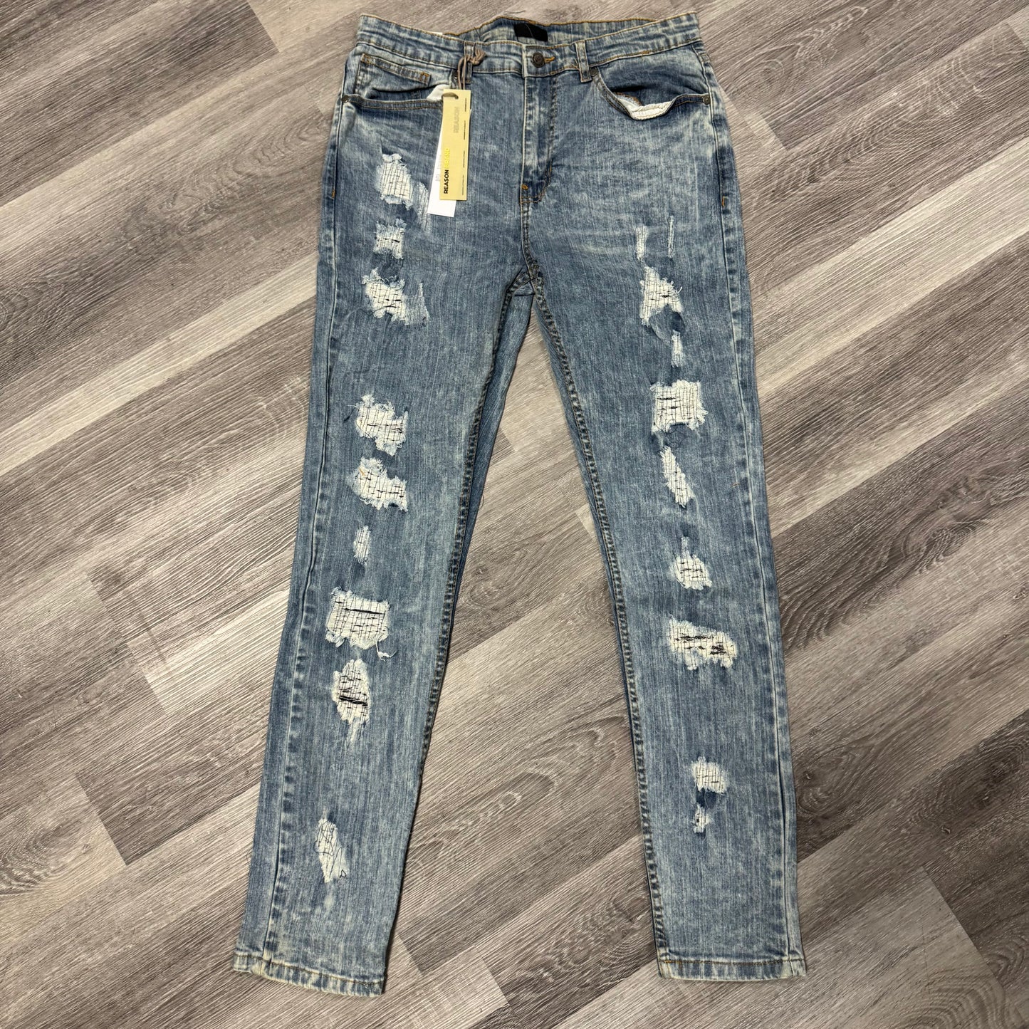 Reason Brand Light Wash Patch Distressed Denim Jeans