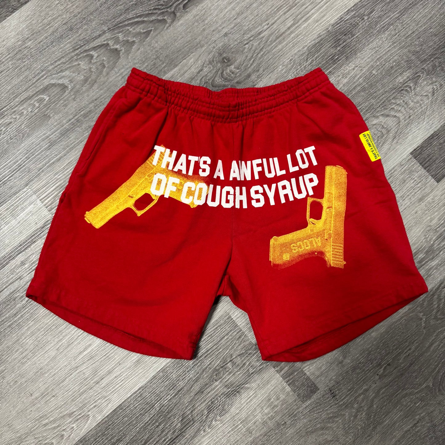 Thats a Awful Lot Of Cough Syrup Glock Sweat Shorts (Red/Yellow)