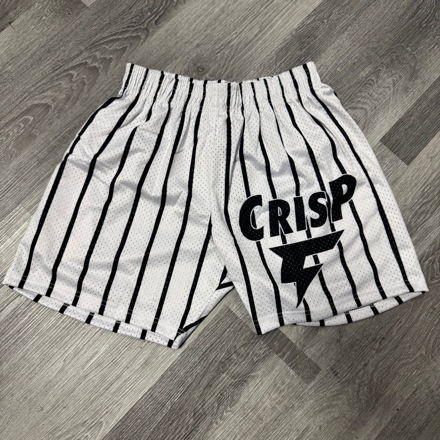 Crispy NYC Striped Logo Mesh Shorts (White/Black)