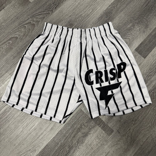 Crispy NYC Pinstripe Logo Mesh Shorts (White/Black)