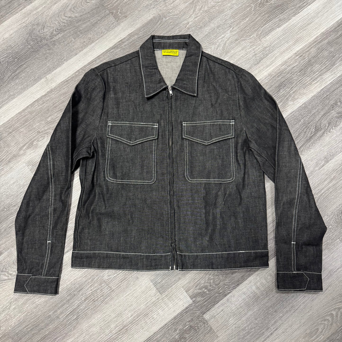 Thats a Awful Lot Of Cough Syrup Cup Pocket Denim Zip Up Jacket (Black)