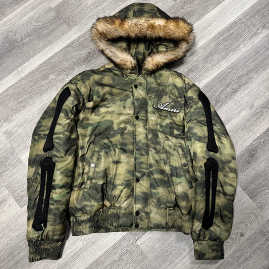 Amiri Camo Faux Fur Hooded Bones Zip Up Jacket