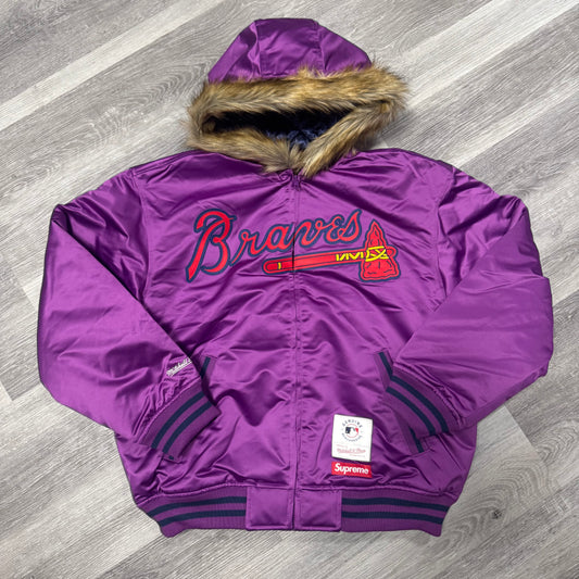 Supreme X Mitchell & Ness Teams Hooded Satin Varsity Jacket (Purple)