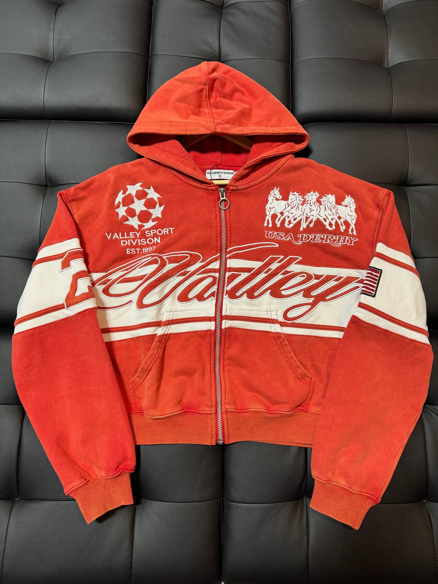 Valley Red Cursive Zip Up Hoodie