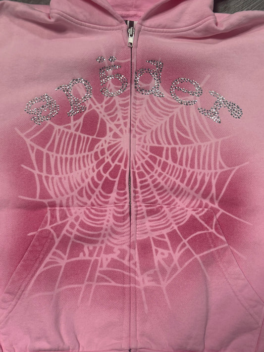 Sp5der OG Web V2 Spray Zip Up Hoodie (Light Pink)